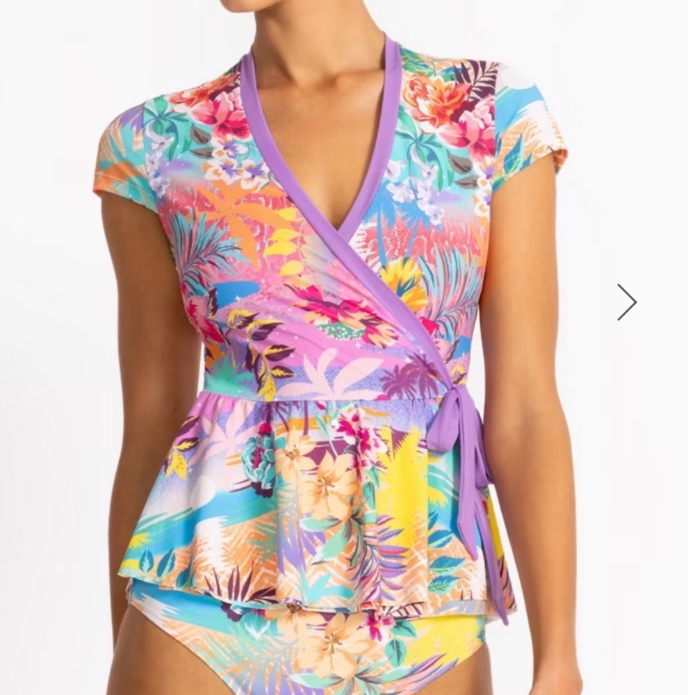 NWT Johnny Was Wrap Tankini Top Womens Purple Floral Zeru Peplum CSW6025-A XS